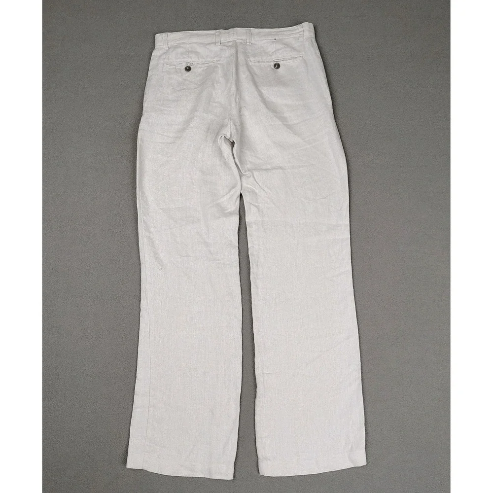 H&M 100% Linen Pants Women 8 Tall White Straight Button Casual Beach 30